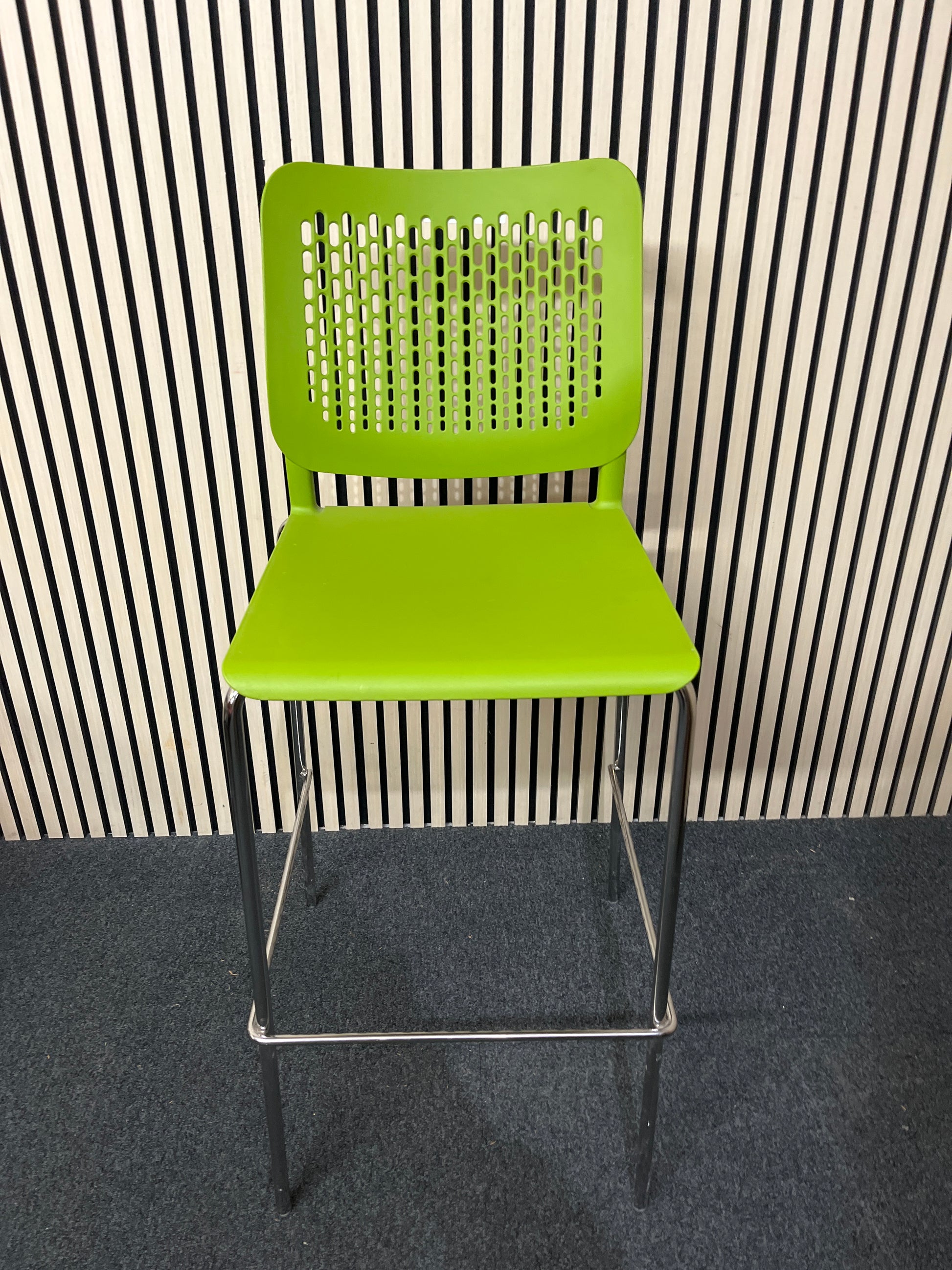 Tall chrome framed cafe stool with foot support and with polyprop lime green seat and back 1425