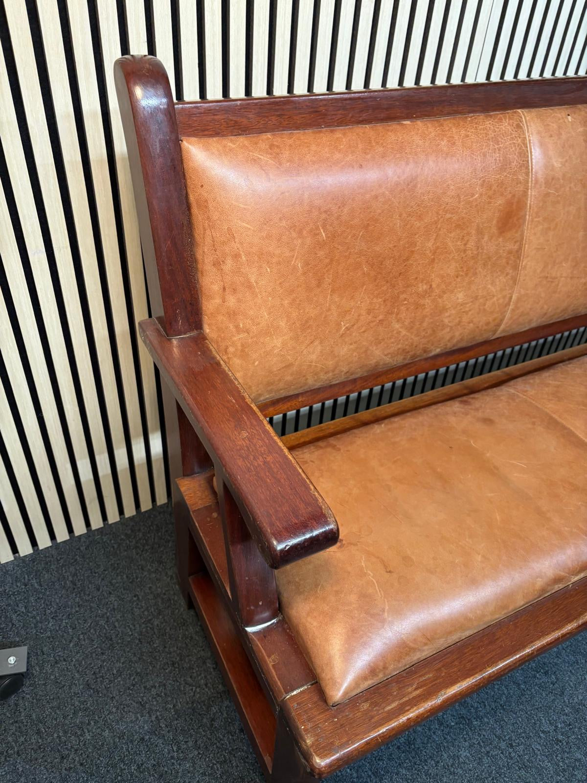 6ft solid beech stained tall bench seating with tan leather seat and back.97Hx183Lx54D 1425