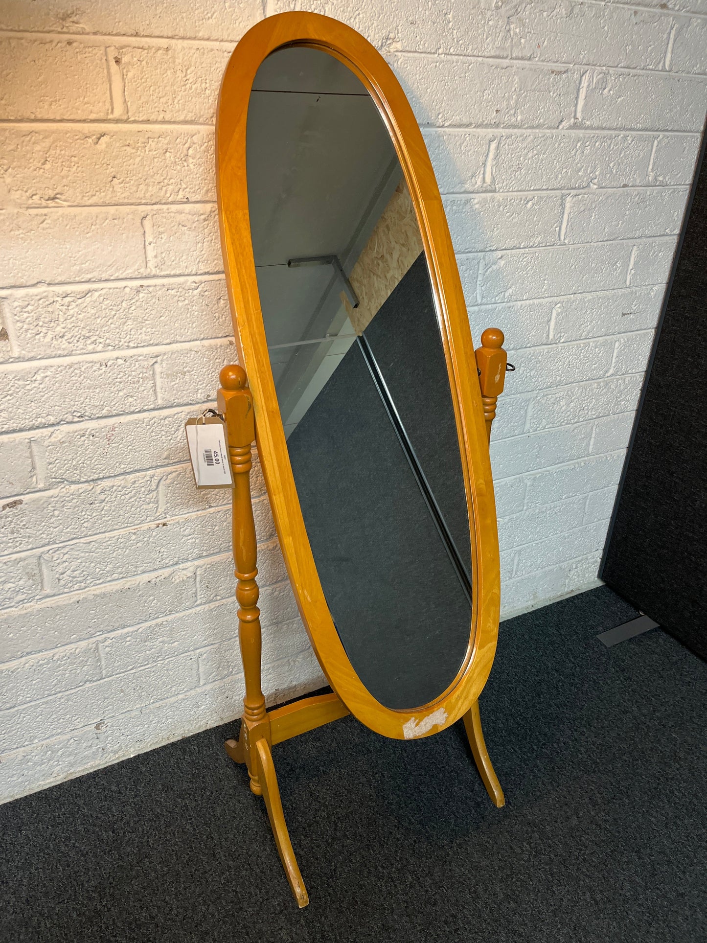 Tall natural pine cheval mirror on stand 2225