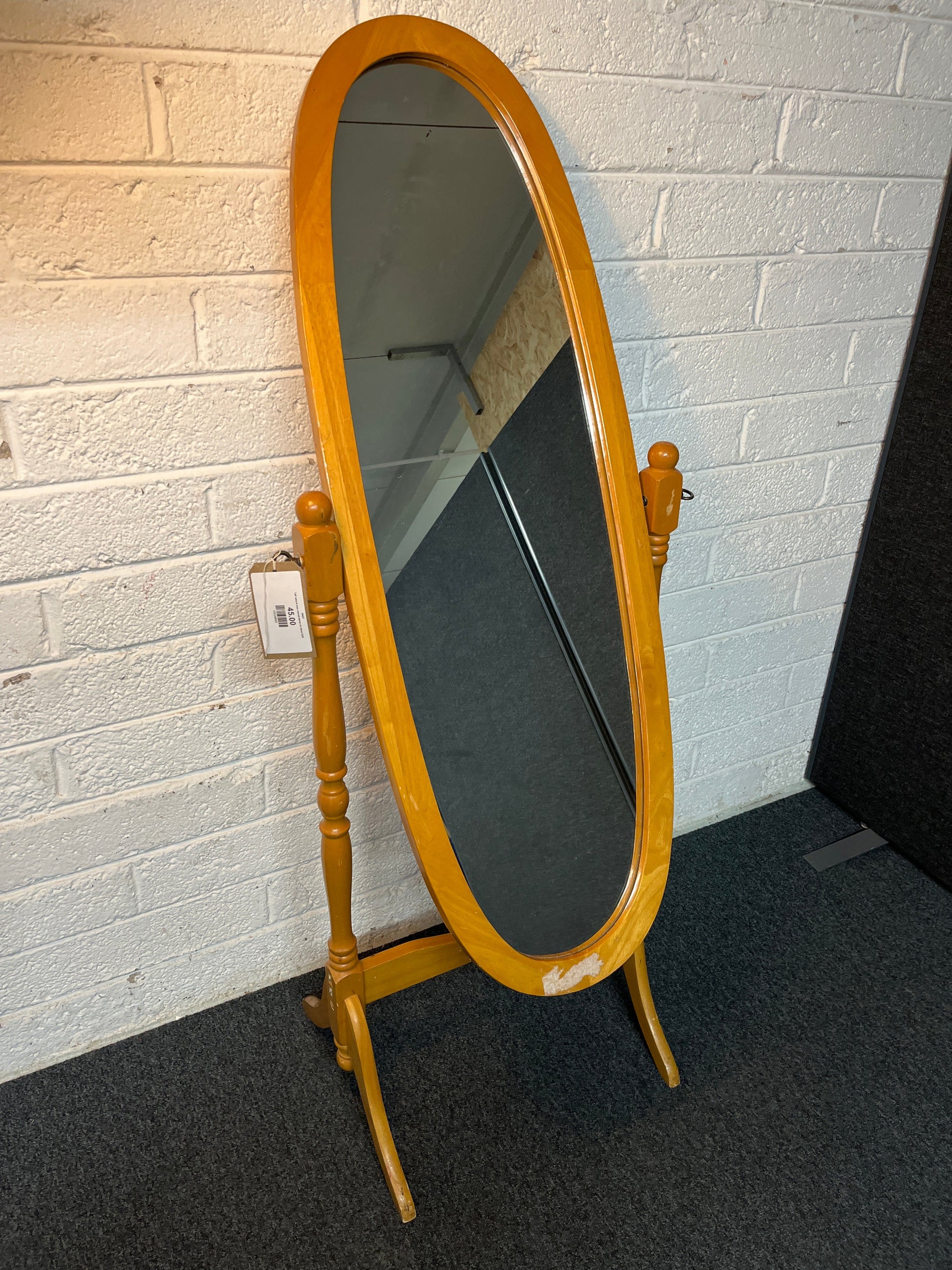 Tall natural pine cheval mirror on stand 2225
