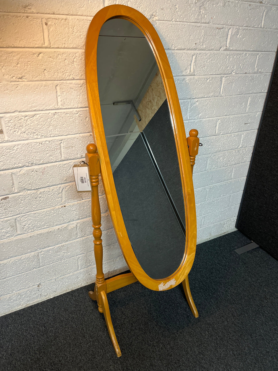 Tall natural pine cheval mirror on stand 2225
