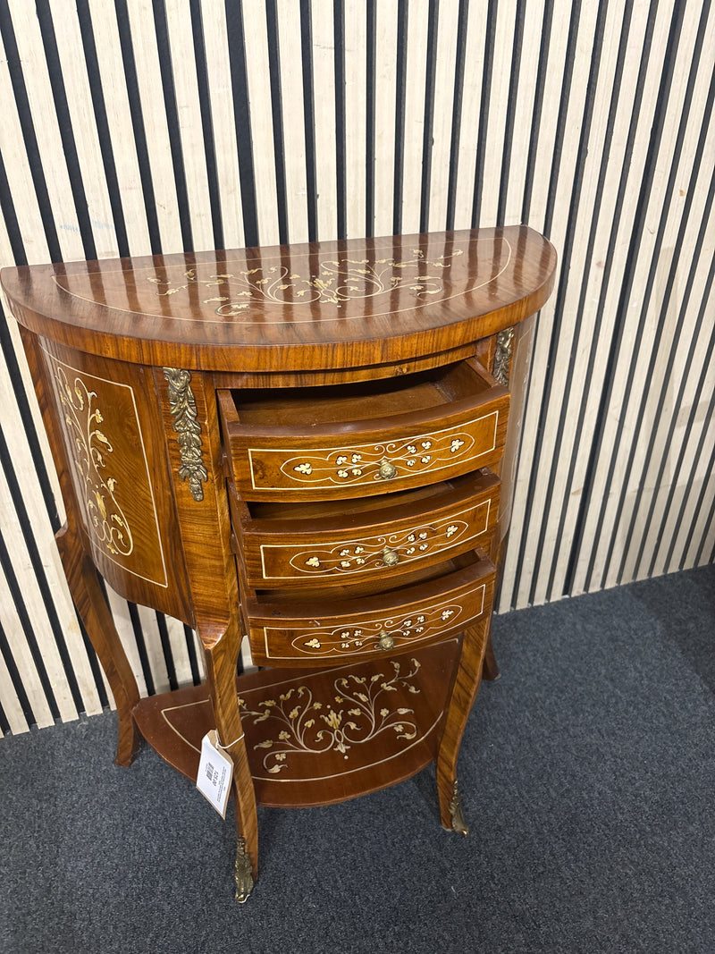 Half-moon wooden chest with floral marquetry and cabriole legs, height 80 cm, width 63 cm, depth 32 cm  44721