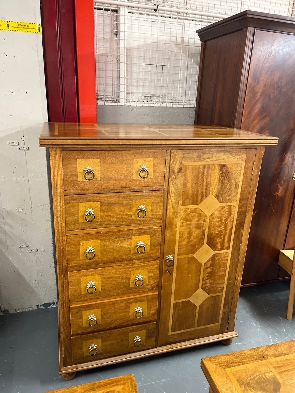 Ornate mahogany inlaid 5 drawer 1 door bedroom strorage chest.(H 135 x W 115 x D 65 cm) PART OF A SET BUT CAN BE SOLD SEPARATELY 2225