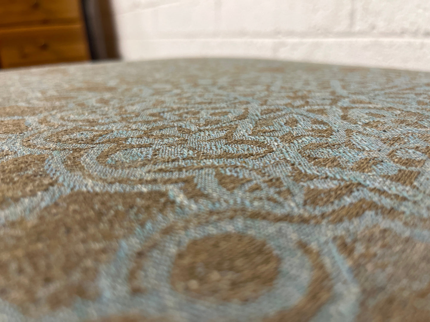 Ornate mahogany leg, mixed fabric large ottoman  1225