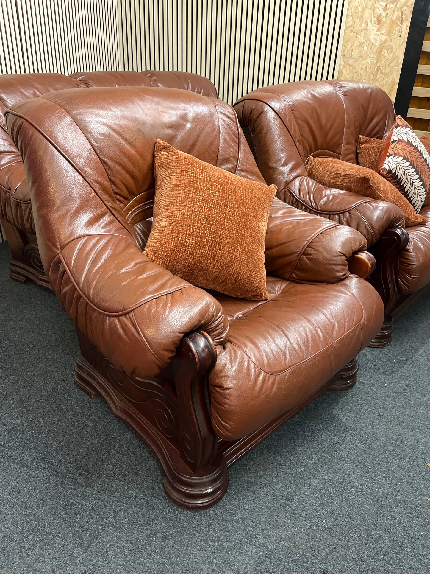 3+2+1 solid wood framed, real brown leather sofa suite 3325