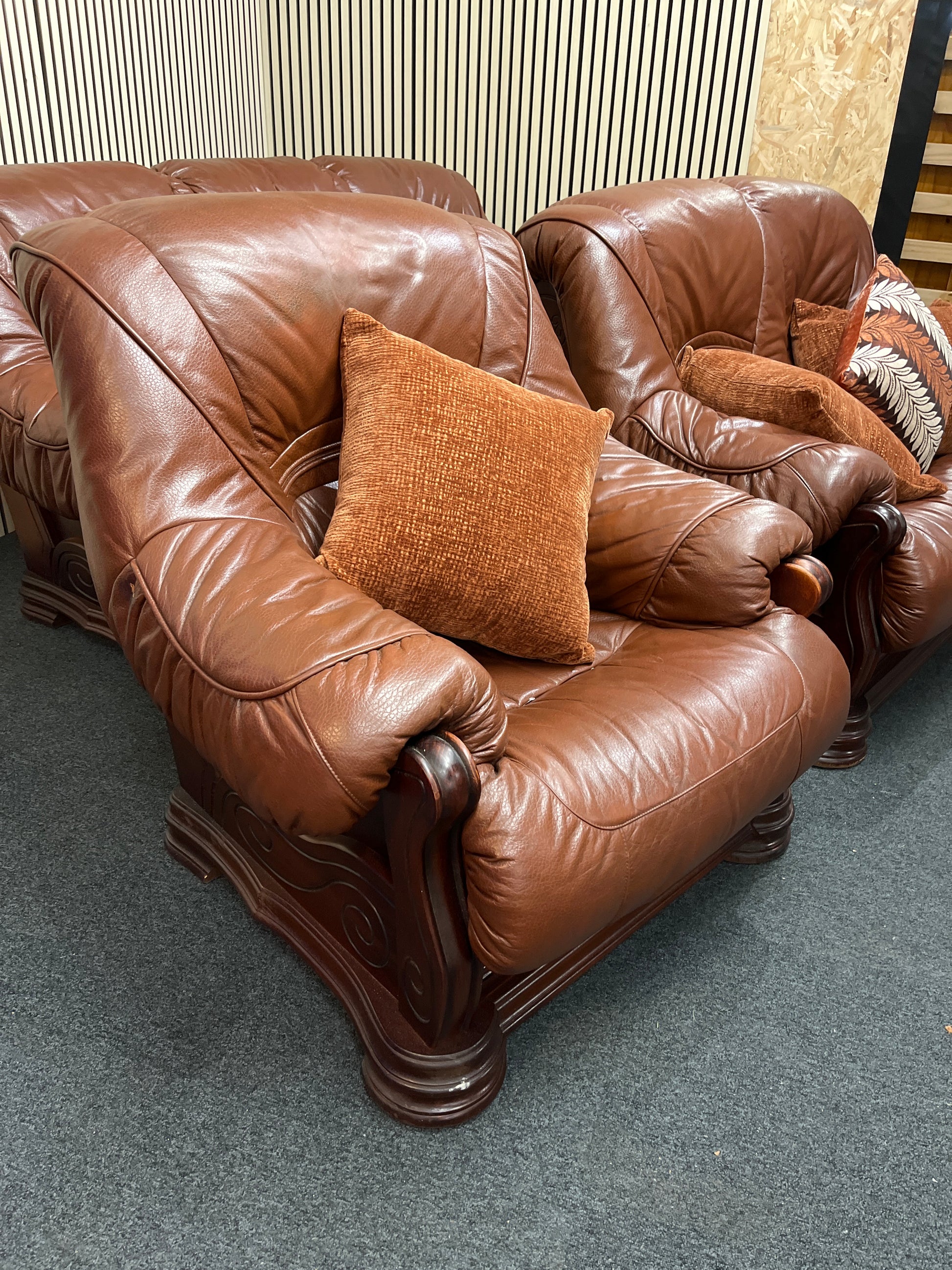 3+2+1 solid wood framed, real brown leather sofa suite 3325
