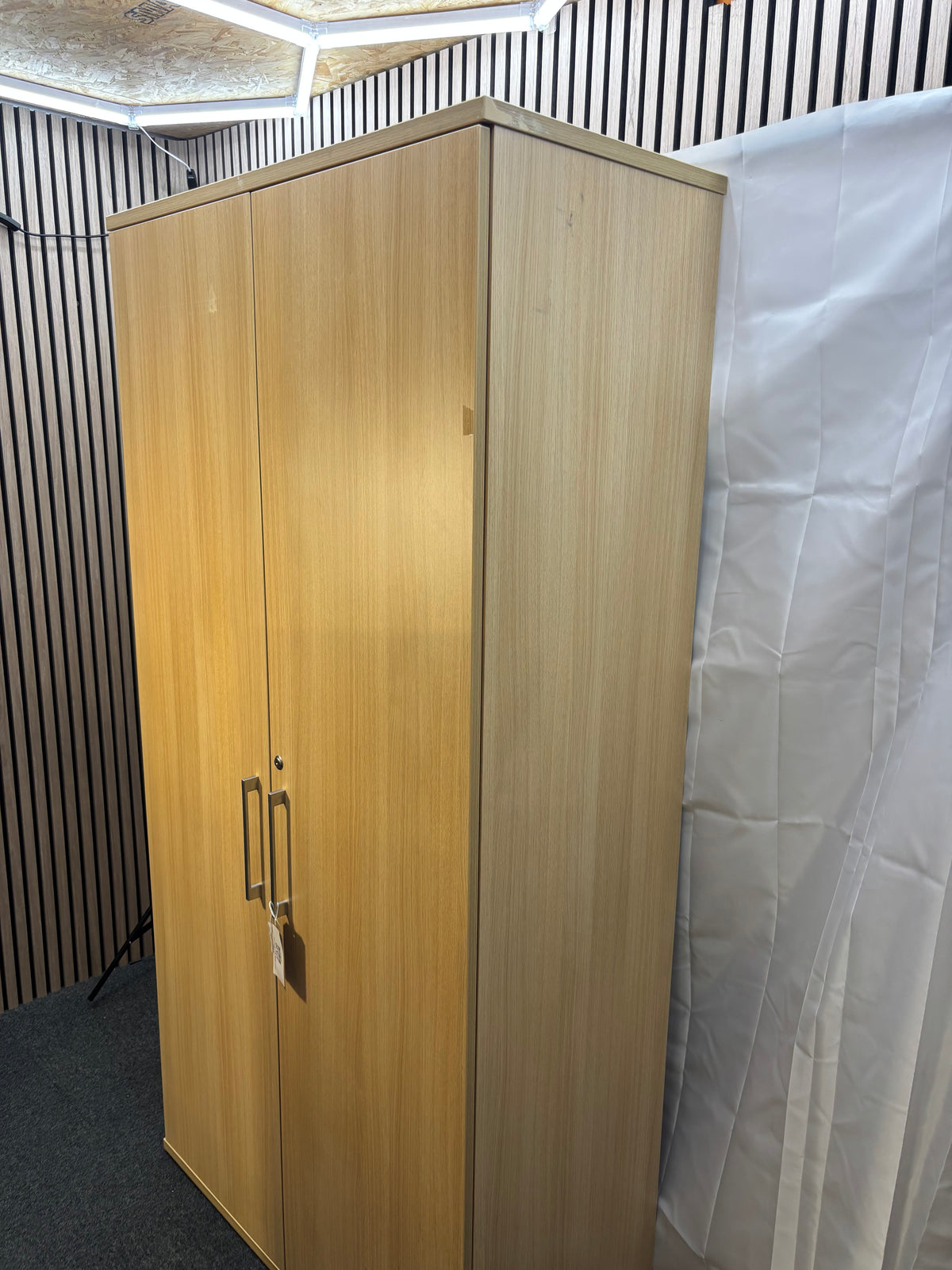 Tall 2 door storage unit with internal shelves in white oak laminate 200Hx100Wx50D  J3914