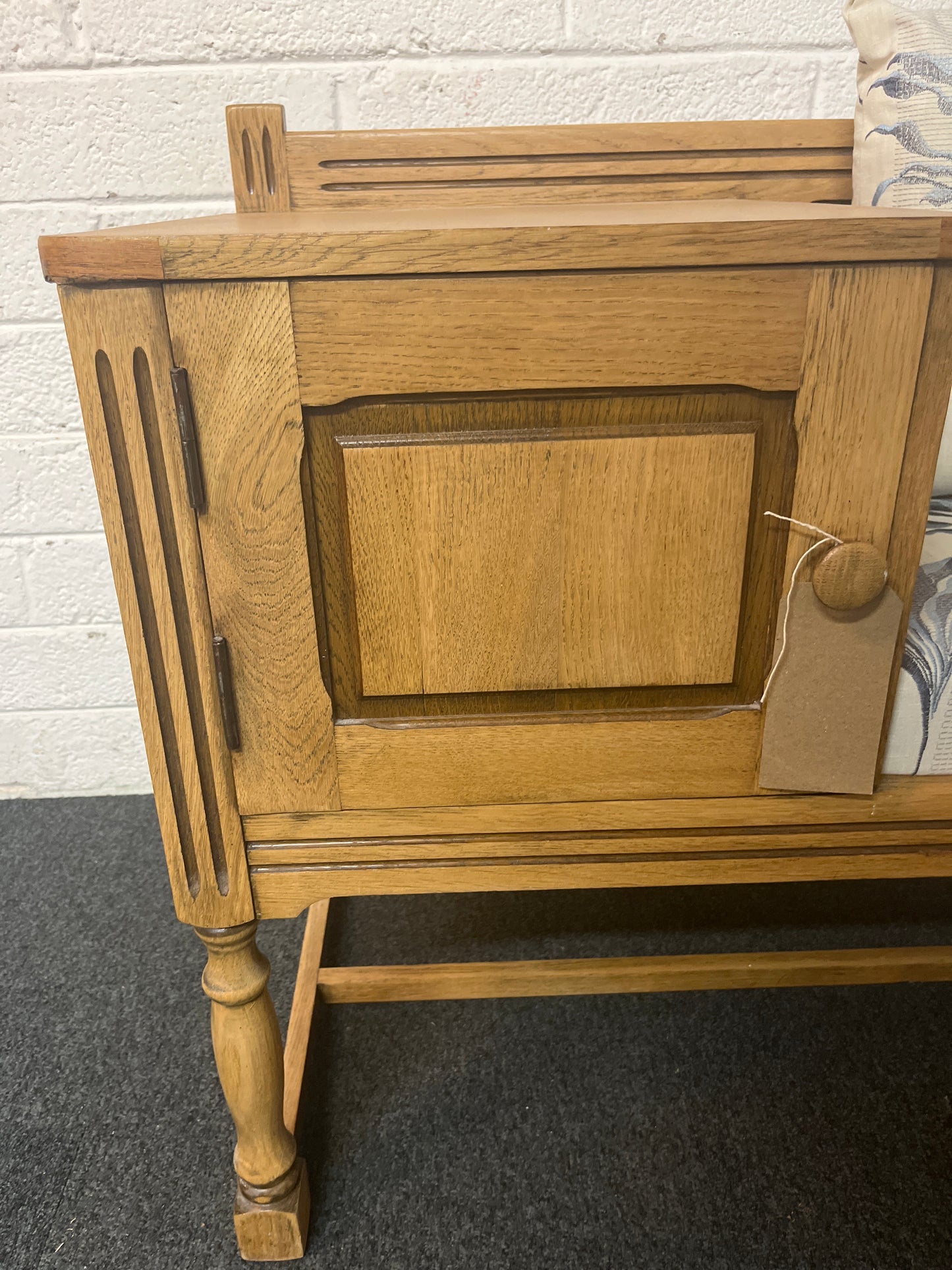 Oak telephone table with blue and cream floral fabric seat and storage drawer 1325