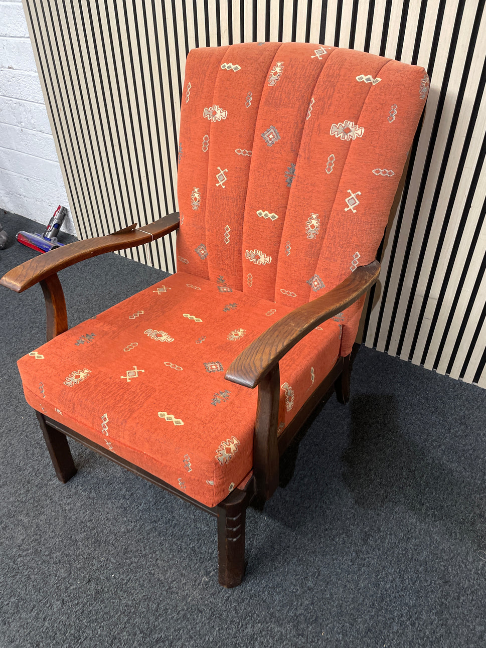 Solid wood, dark stained, high back terracotta fabric fireside armchair 1126