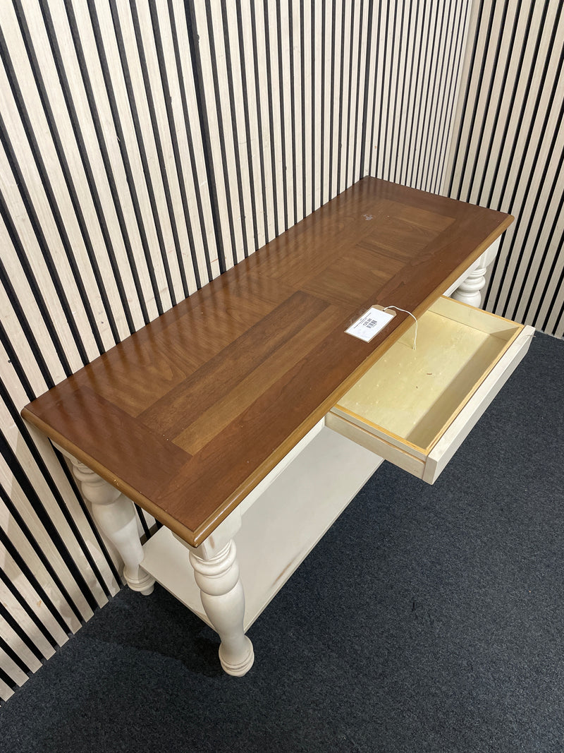 Rectangular console table with wood top and white turned legs.  44521