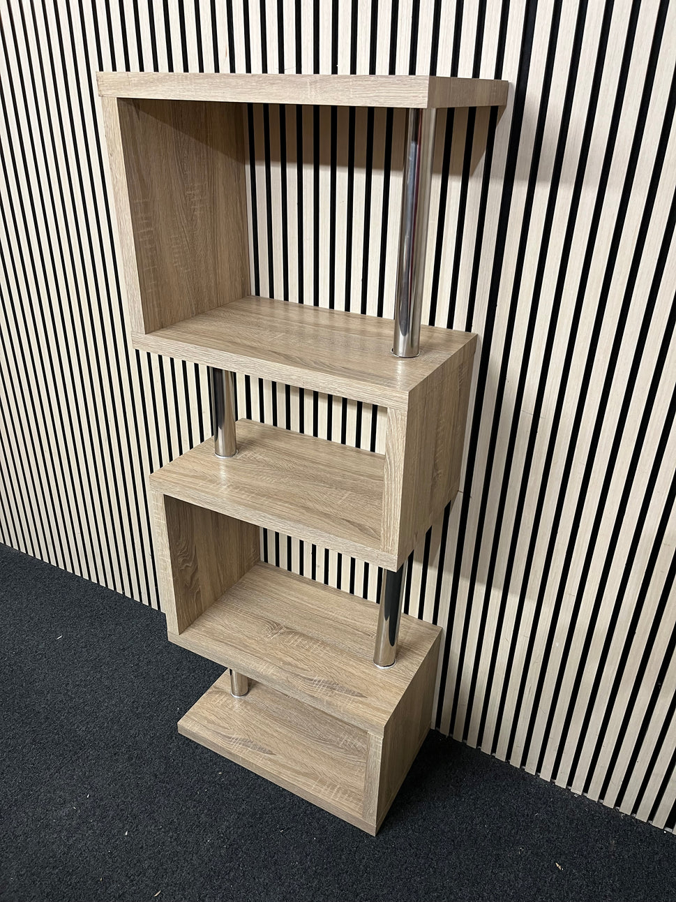 Tall oak laminate and chrome metal slim tiered shelf unit (H 160 x W 60 x D 35 cm) 2425