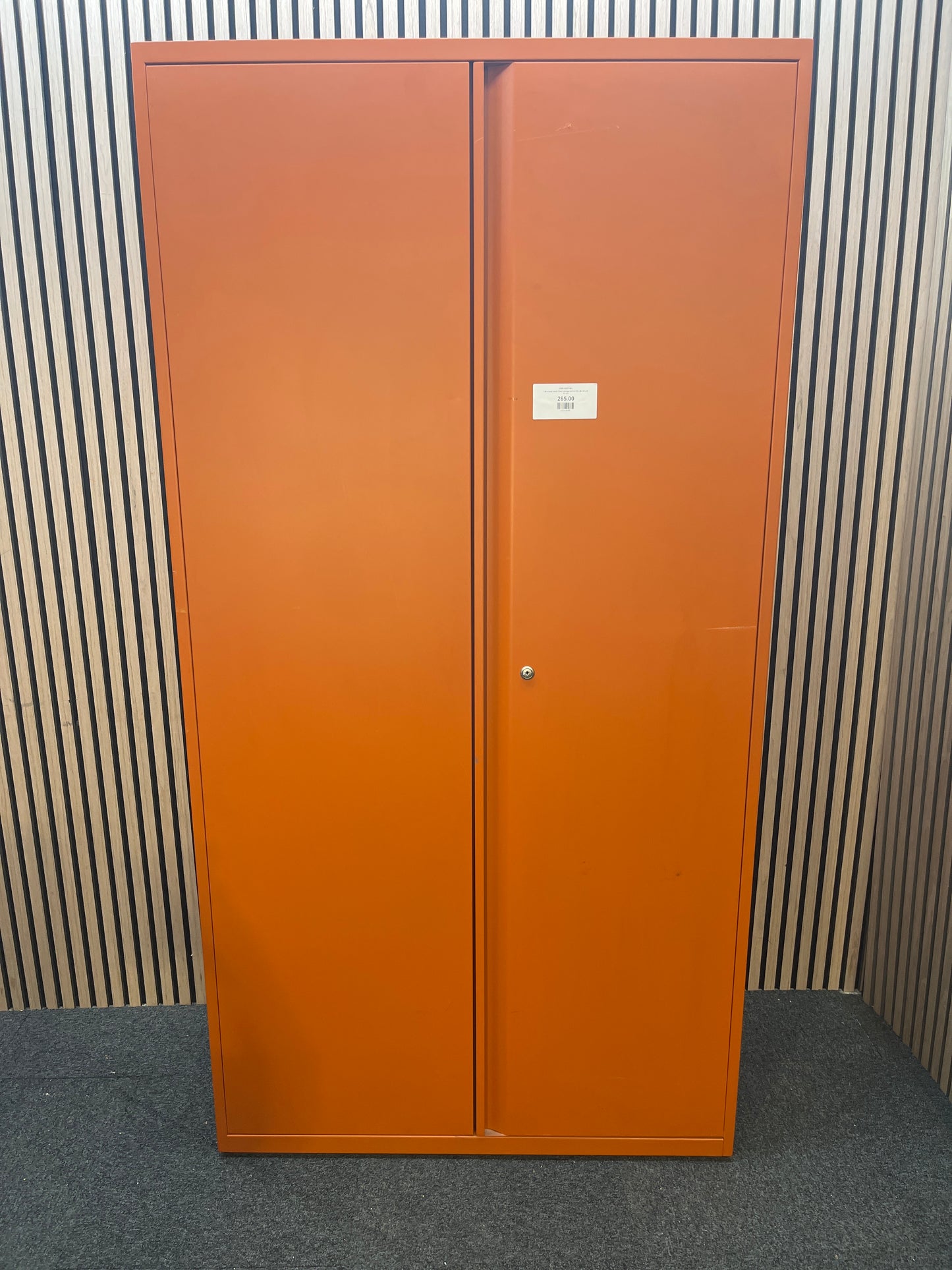 Tall orange metal 2 door storage unit (H 195 x W 100 x D 47 cm)