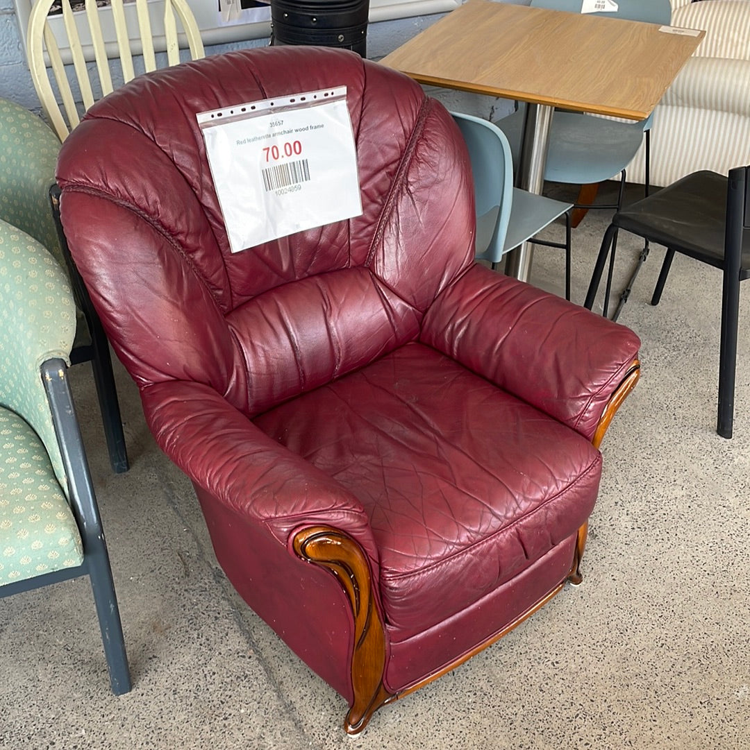 Red leatherette armchair wood frame