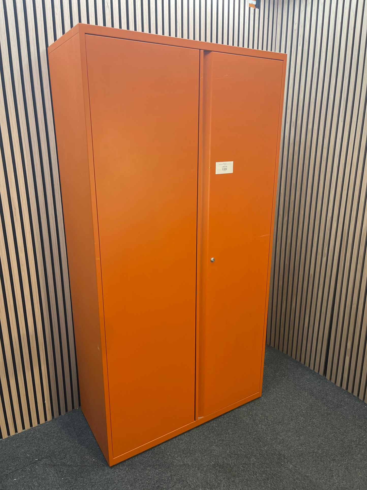 Tall orange metal 2 door storage unit (H 195 x W 100 x D 47 cm)
