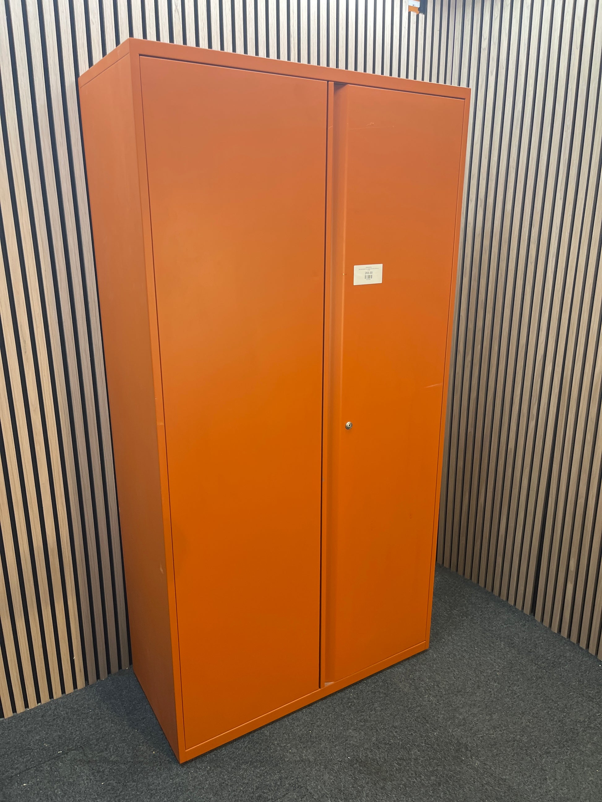 Tall orange metal 2 door storage unit (H 195 x W 100 x D 47 cm)