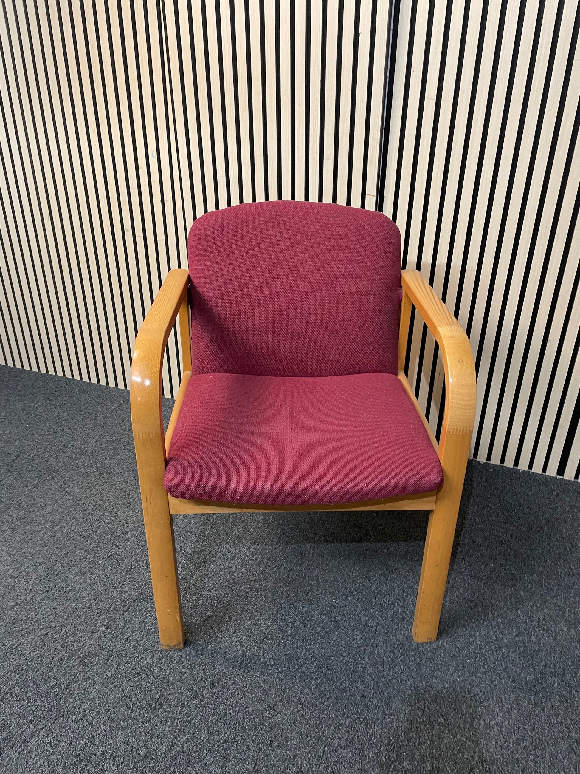 Solid beech framed meeting chair with arms in wine fabric seat and back