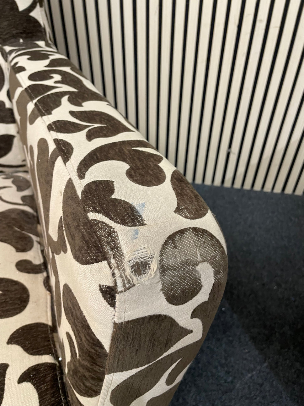 2 seater brown and cream floral fabric sofa (Width 160 cm) with matching armchair and ottomons  4225