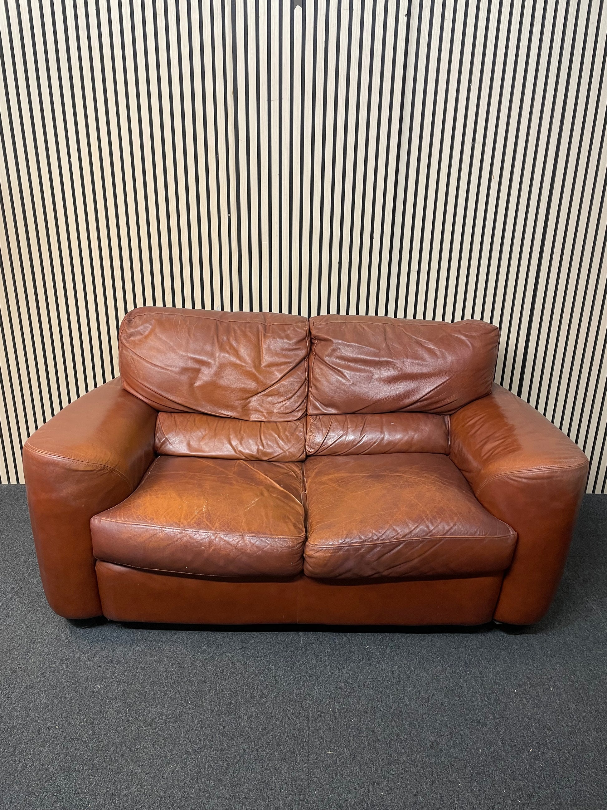 2 seater real tan leather sofa (165cm wide) 2425