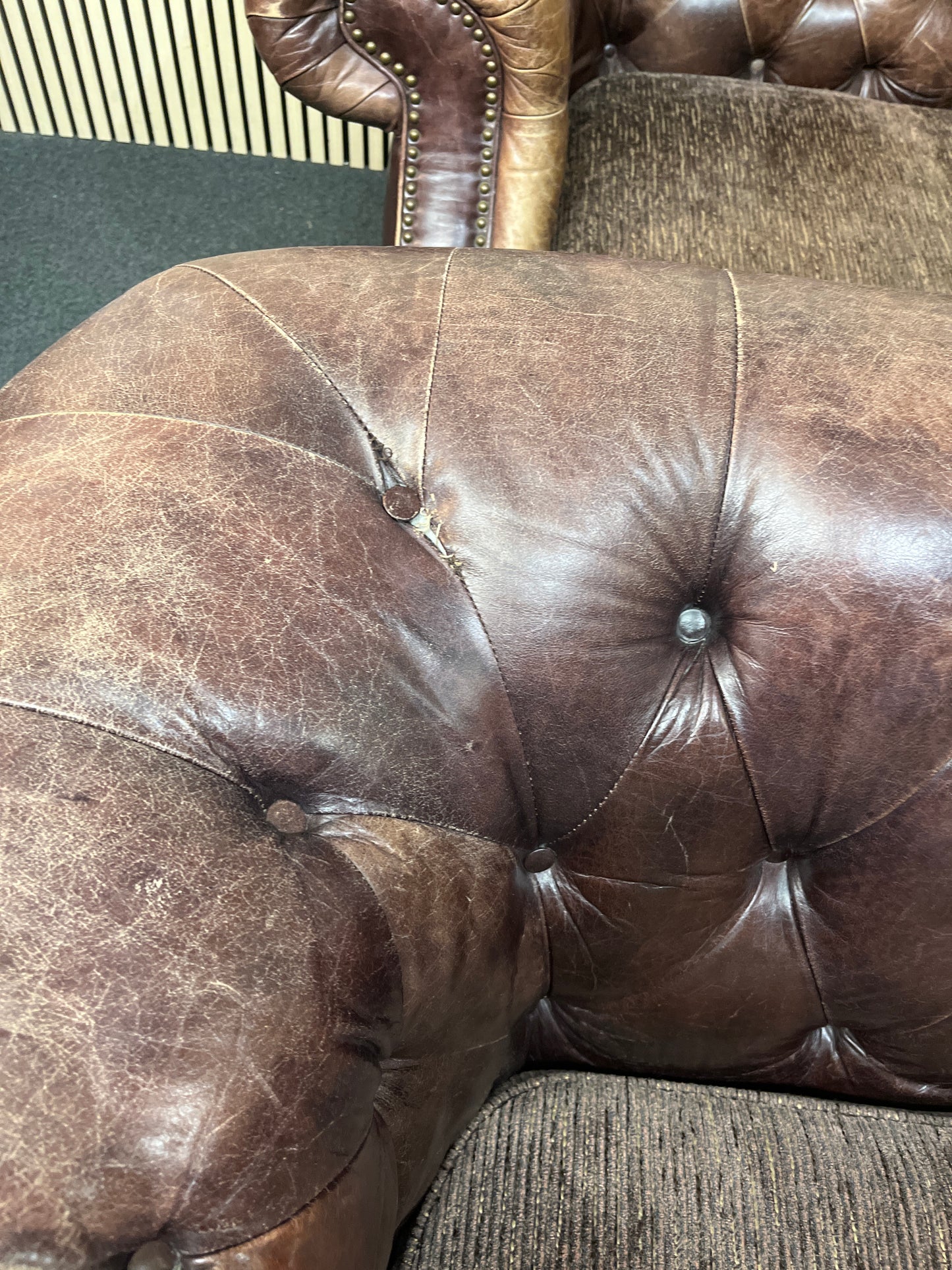 3 seater leather framed chesterfield suite with brown fabric seat cushions (Widths 215 cm depths 95 cm) 3126