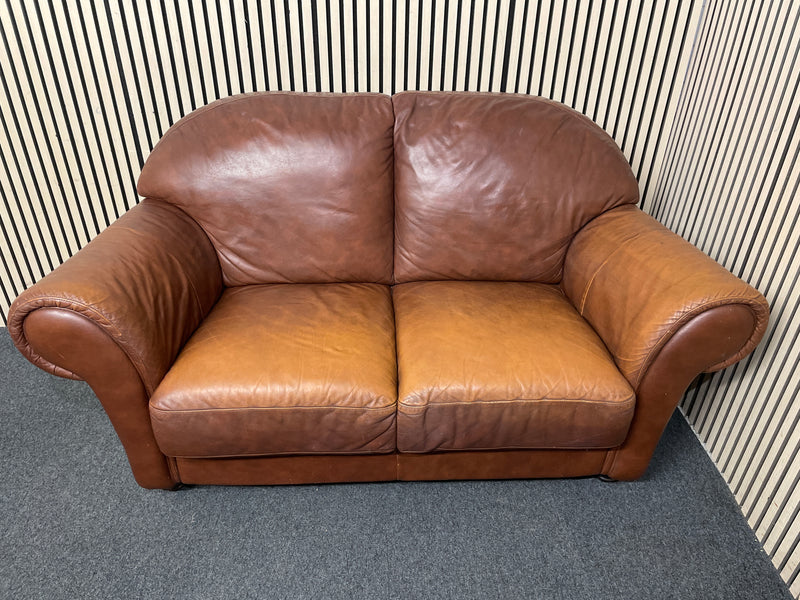 Traditional brown leather two-seater sofa with rolled arms 170Wx60D  44549