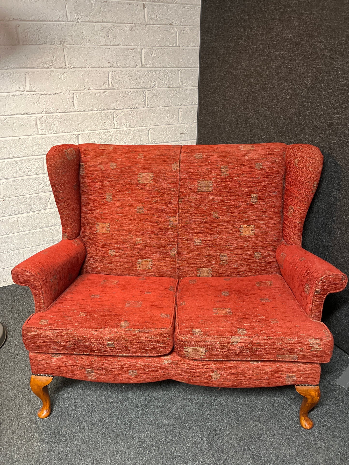 2 seater wine mix fabric Queen Anne wing back suite