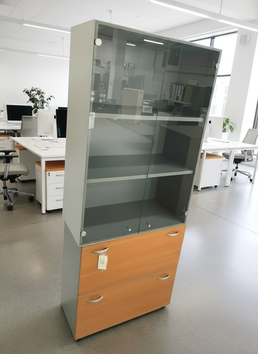 Tall 2 glass door 2 drawer lateral filer storage unit, cherry and siliver carcass (H 215 x W 86 x D 45 cm)