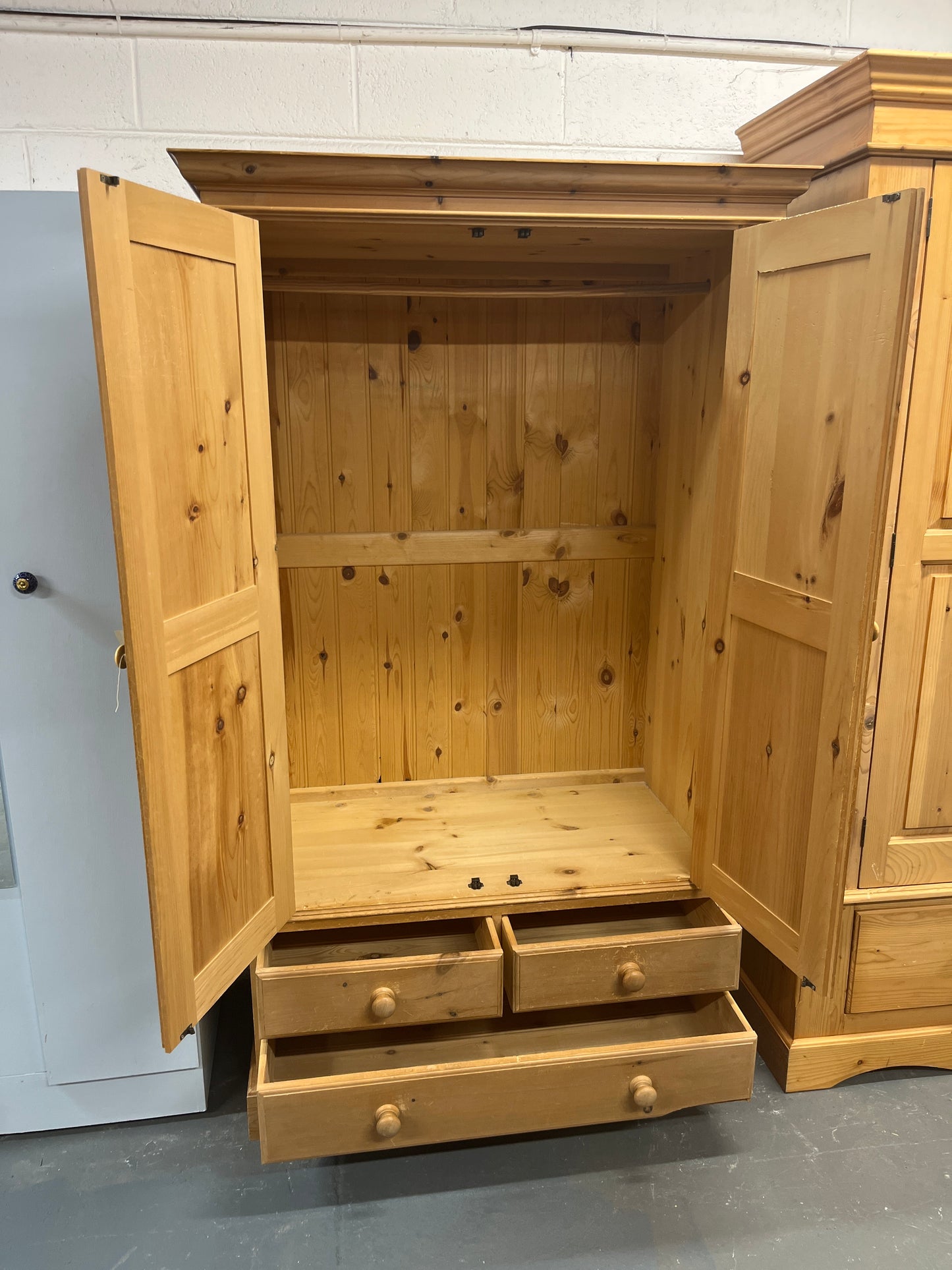 Tall natural pitch pine 2 door 3 drawer wardrobe (H 188 x W 110 x D 59 cm) 2225