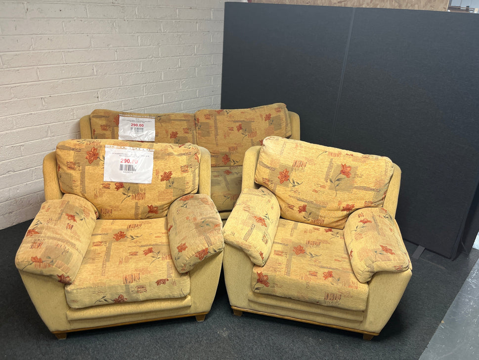 3+1+1 mustard fabric, mixed pattern sofa suite in excellent condition  1225