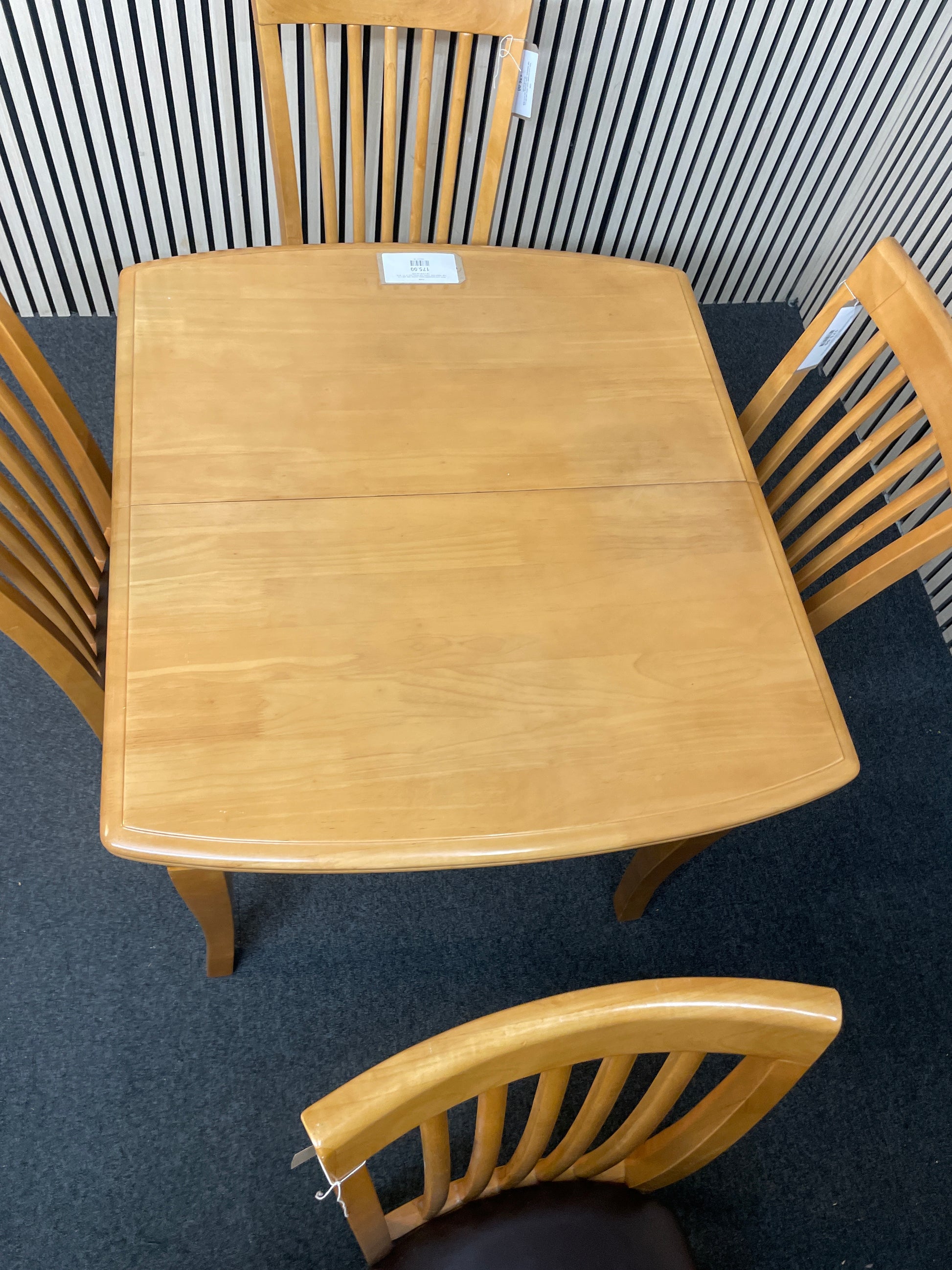 Solid wood extendable square kitchen table with 4 no. high slatted back, leather seat dining chair (H 73 x W 90, 120 x D 80 cm) 2425