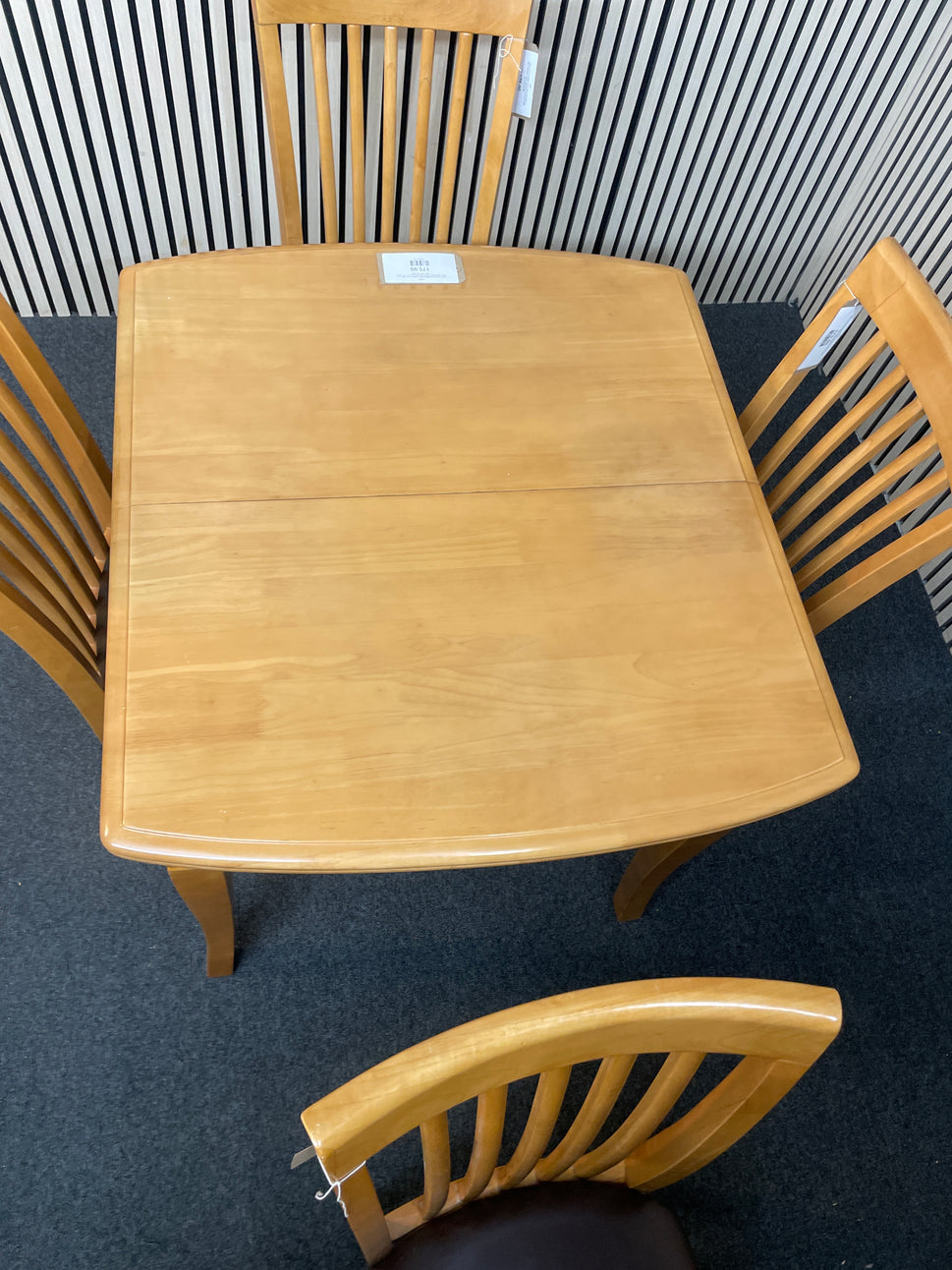 Solid wood extendable square kitchen table with 4 no. high slatted back, leather seat dining chair (H 73 x W 90, 120 x D 80 cm) 2425