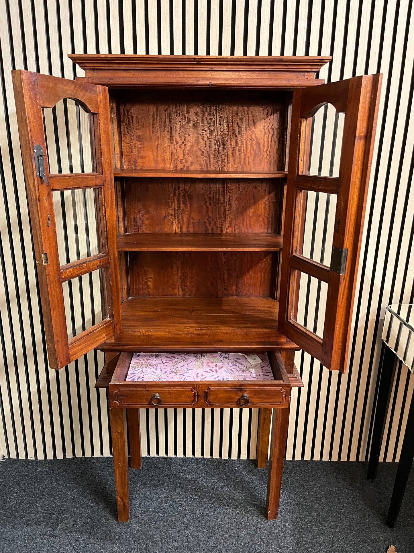 Tall solid dark wood stained 2 door glass display unit with 2 no drawers (H 153 x W 670 x D 330 cm) 2425