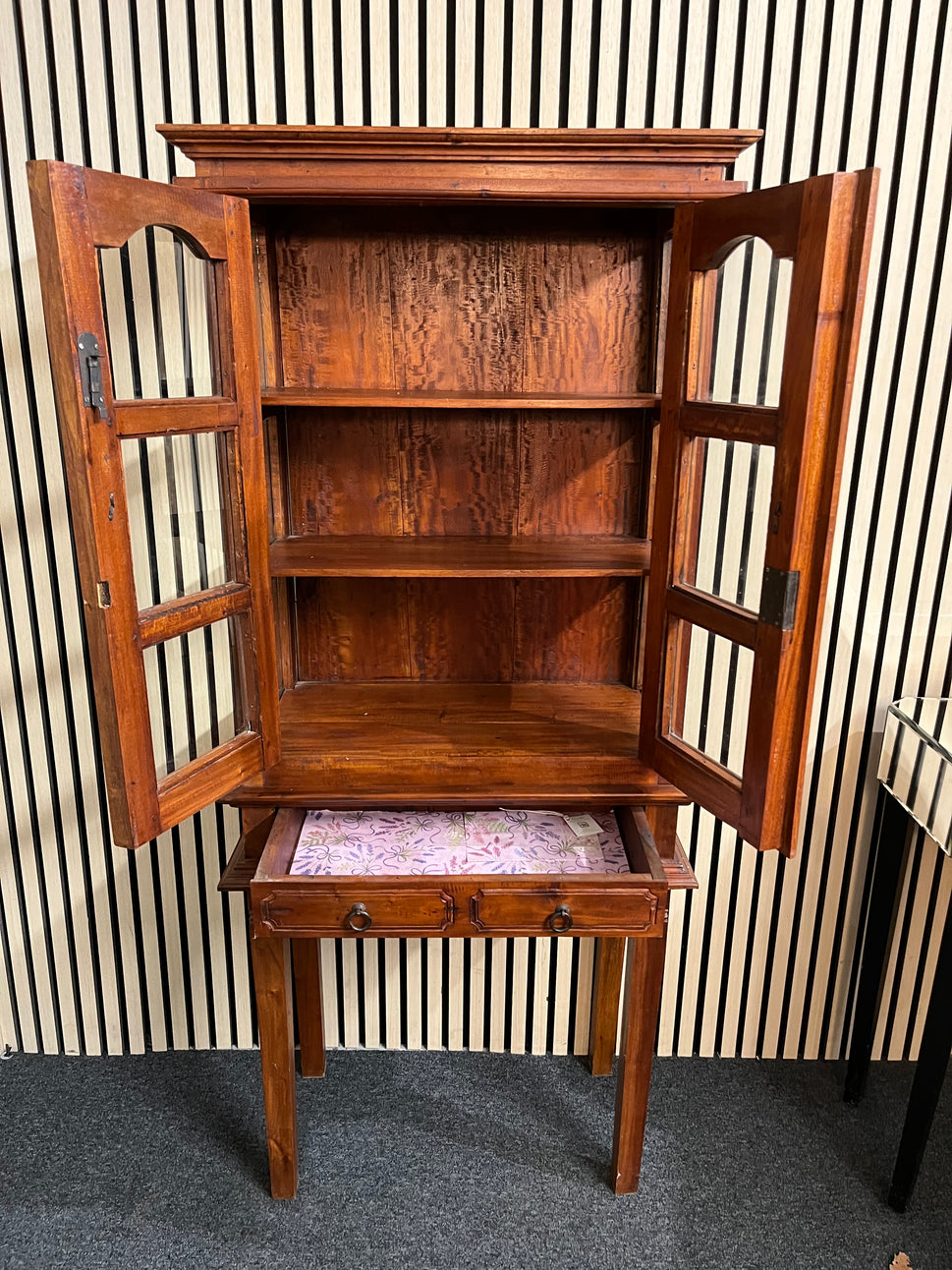 Tall solid dark wood stained 2 door glass display unit with 2 no drawers (H 153 x W 670 x D 330 cm) 2425