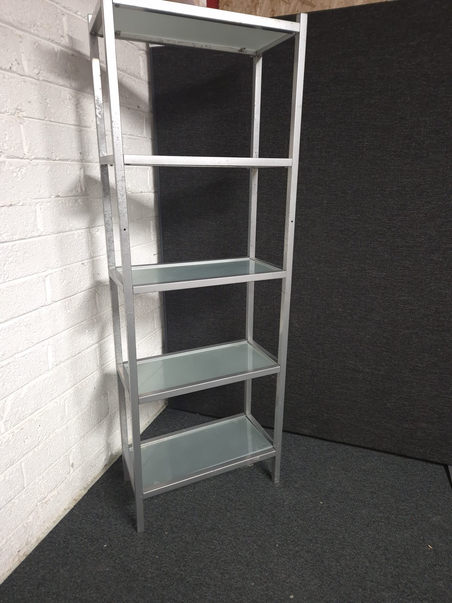 Tall silver metal and glass shelf tiered display unit (H 1700 x W 600 x D 300 mm) 1225