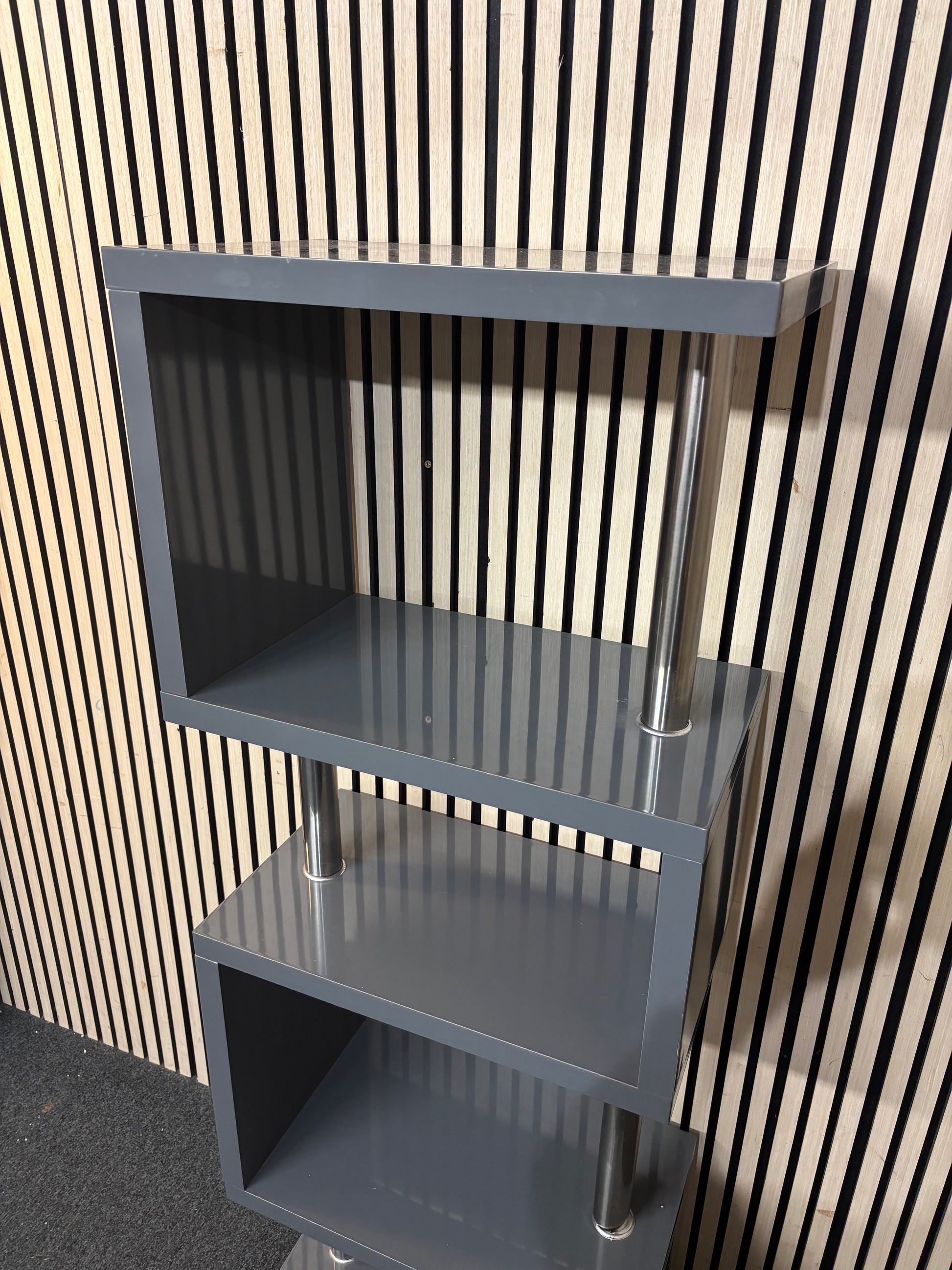 Navy laminate and chrome tiered tall open shelf unit (H 112 x W 59 x D 23 cm) 43614