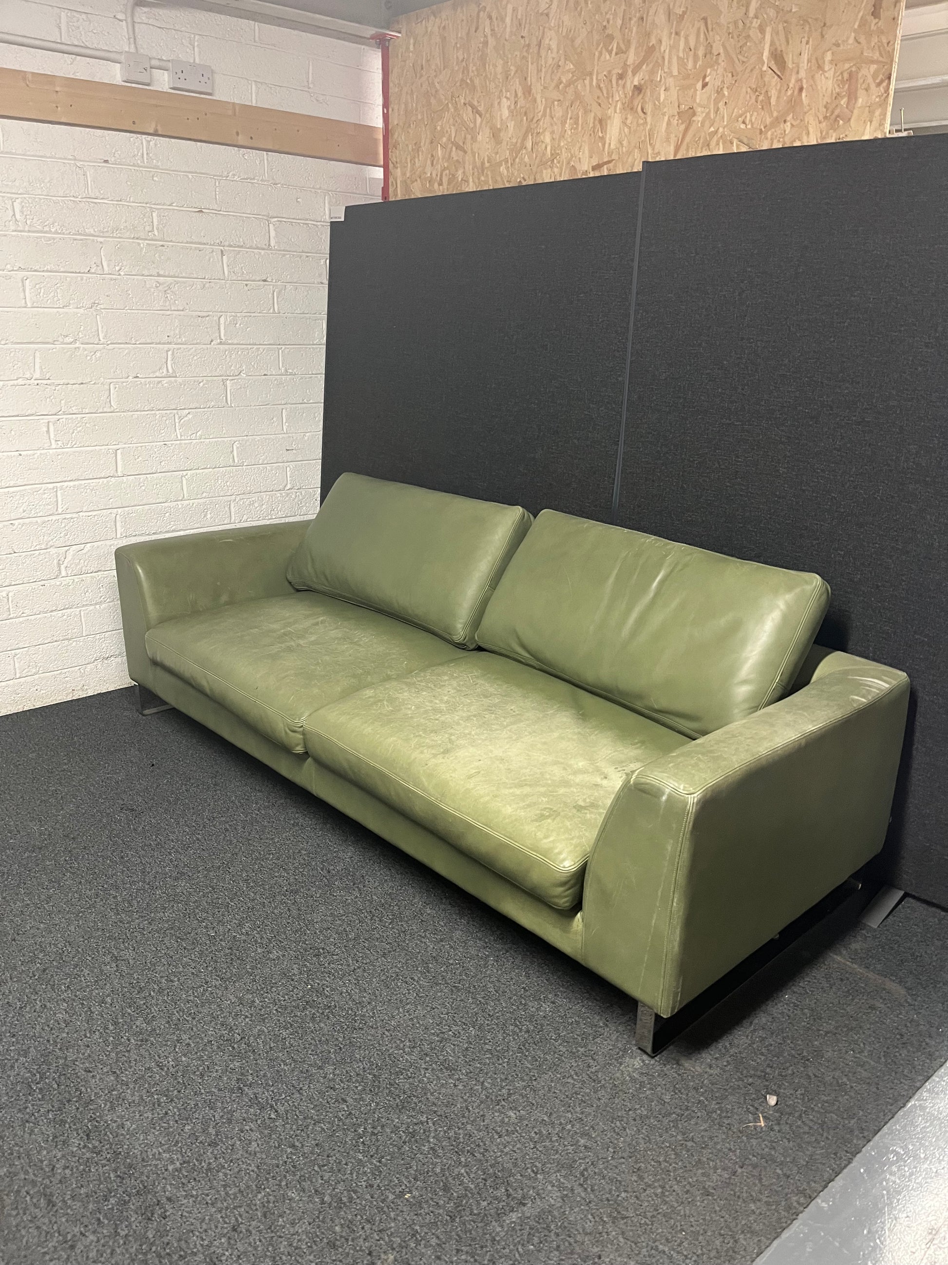 Large Olive Green REAL leather 4 seater sofa (W 2400 x D 950 x Seat H 450 mm) 1225