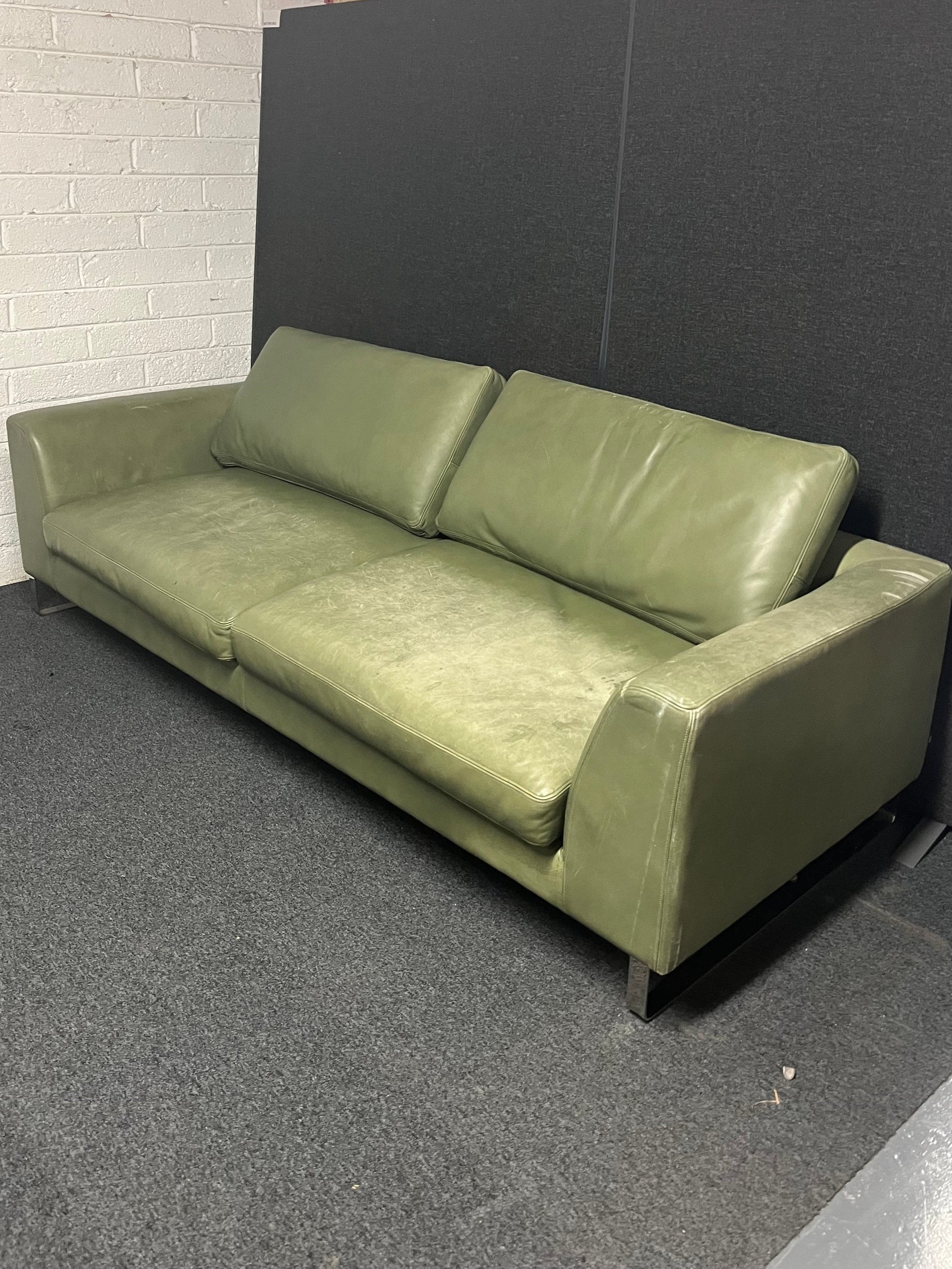 Large Olive Green REAL leather 4 seater sofa (W 2400 x D 950 x Seat H 450 mm) 1225