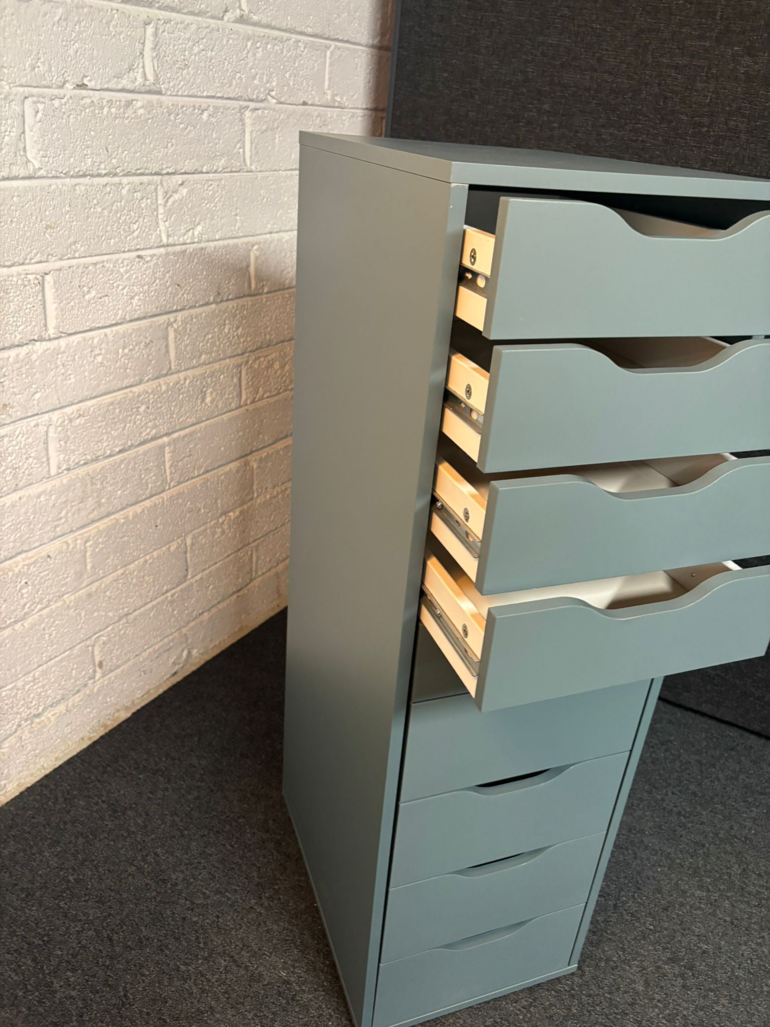 Tall slim green laminate 8 drawer slim chest 1160Hx480Dx360W 2225