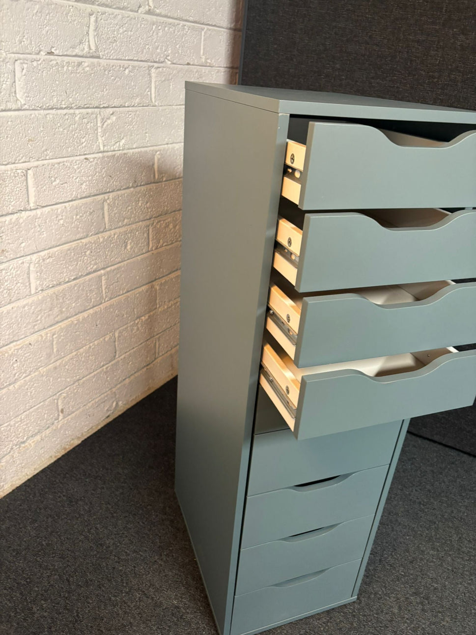 Tall slim green laminate 8 drawer slim chest 1160Hx480Dx360W 2225