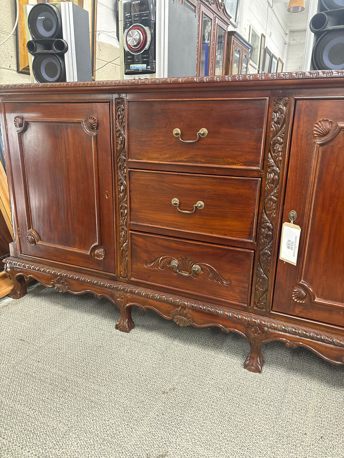 Rossmore 2 door & 3 drawer Dark carved wooden sideboard cabinet (H 95 x W 183 x D 55 cm) 43804