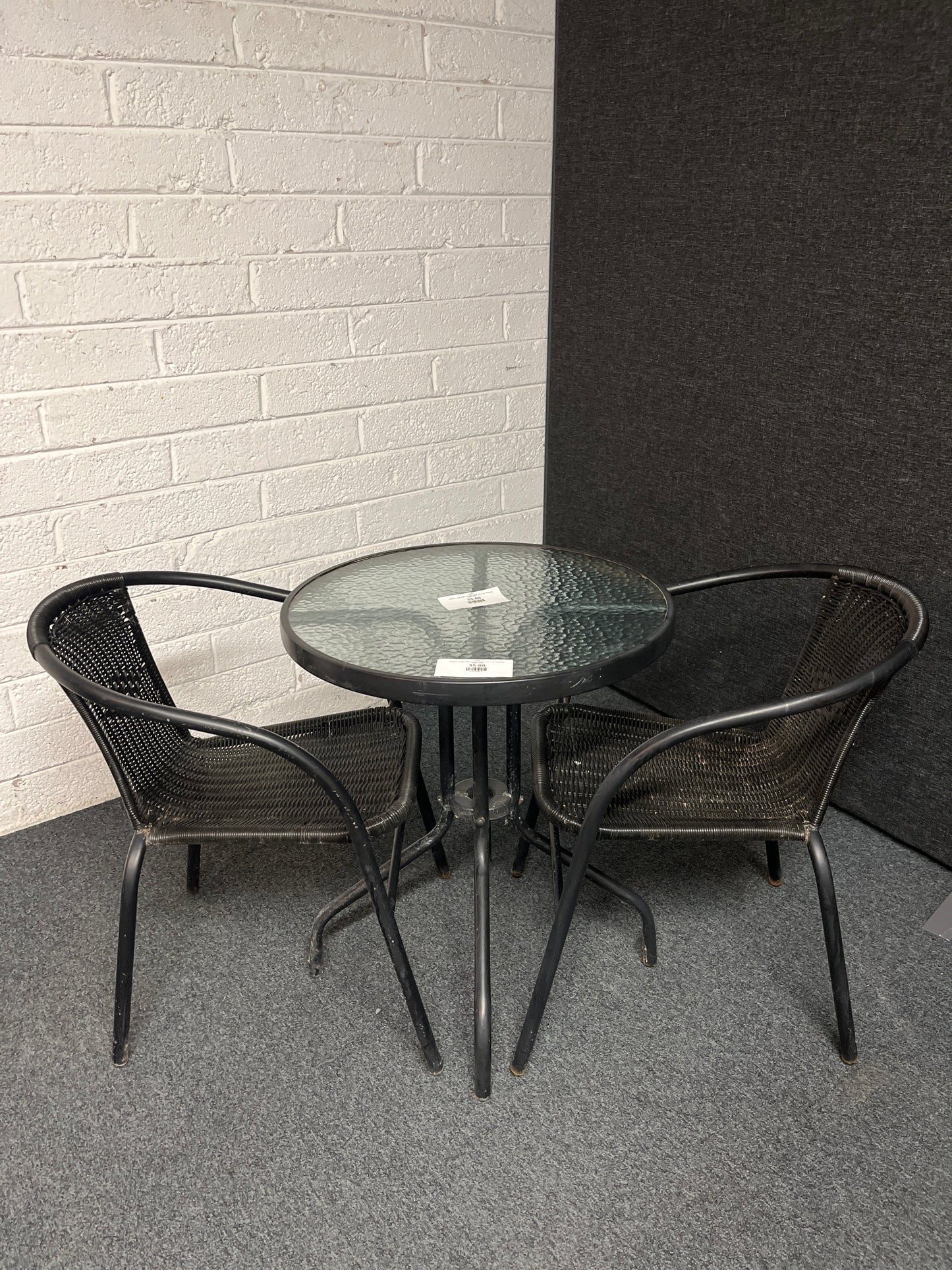 Outdoor small metal and glass table with 2 no. matching chairs 2225