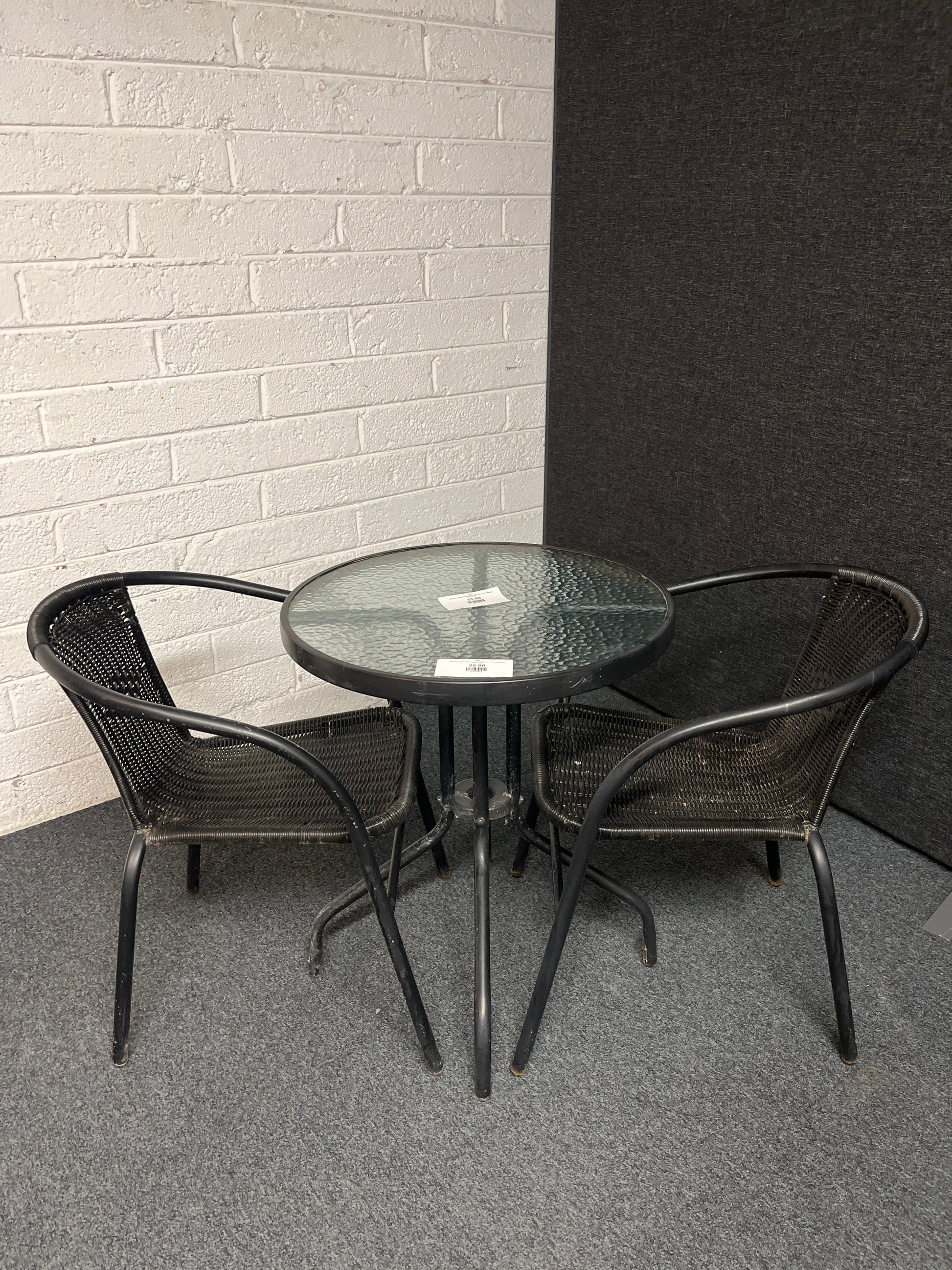 Outdoor small metal and glass table with 2 no. matching chairs 2225