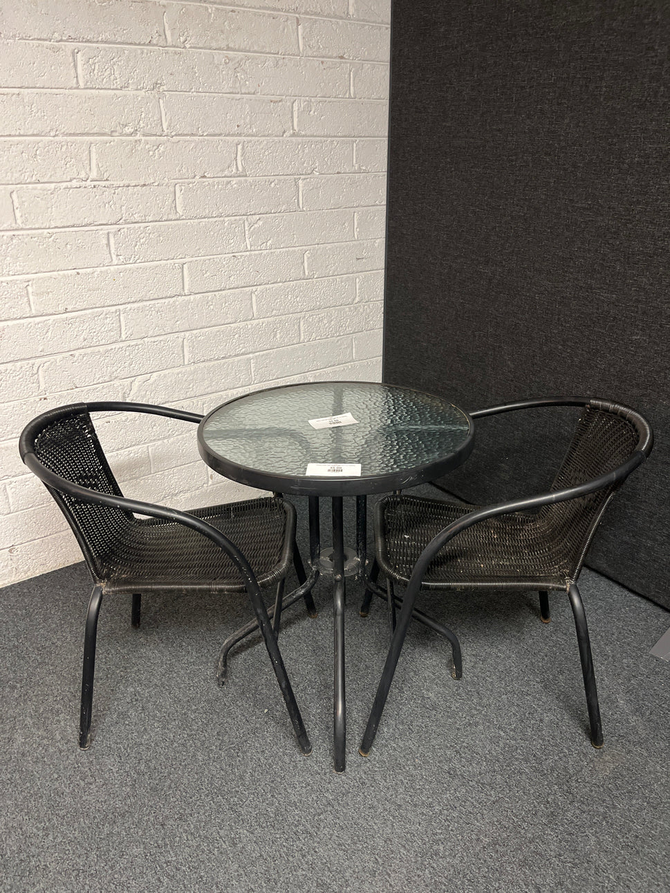 Outdoor small metal and glass table with 2 no. matching chairs 2225