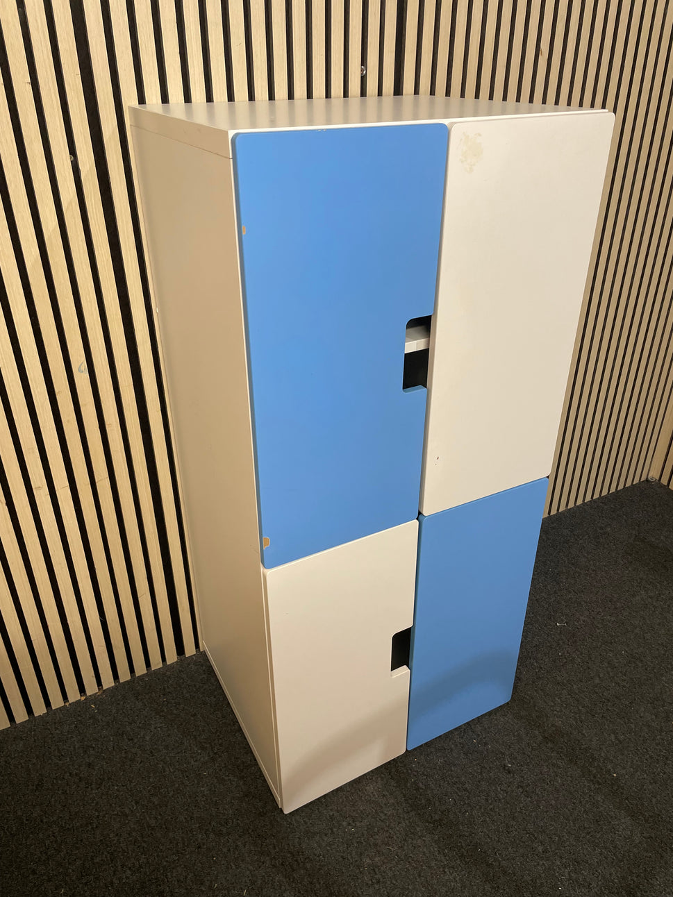 White and blue Ikea 4 door strorage unit (H 130 x W 60 x D 50 cm) 1226