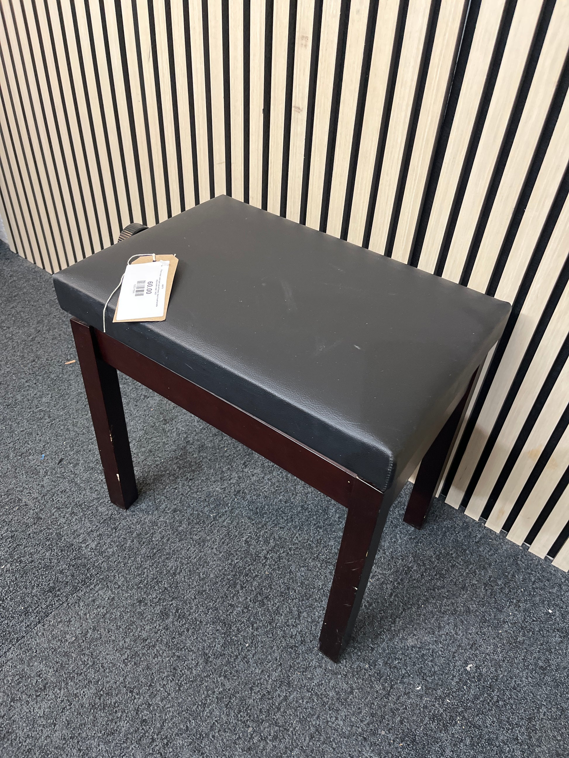 Piano stool, solid dark wood frame, black leatherette adjustable seat  1425