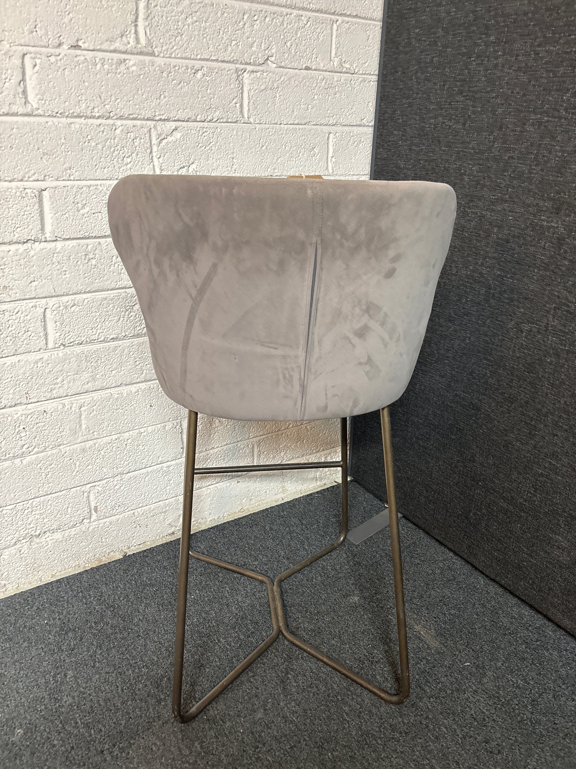 Tall grey velour fabric curved back tall bar stool, metal dark painted frame  3225