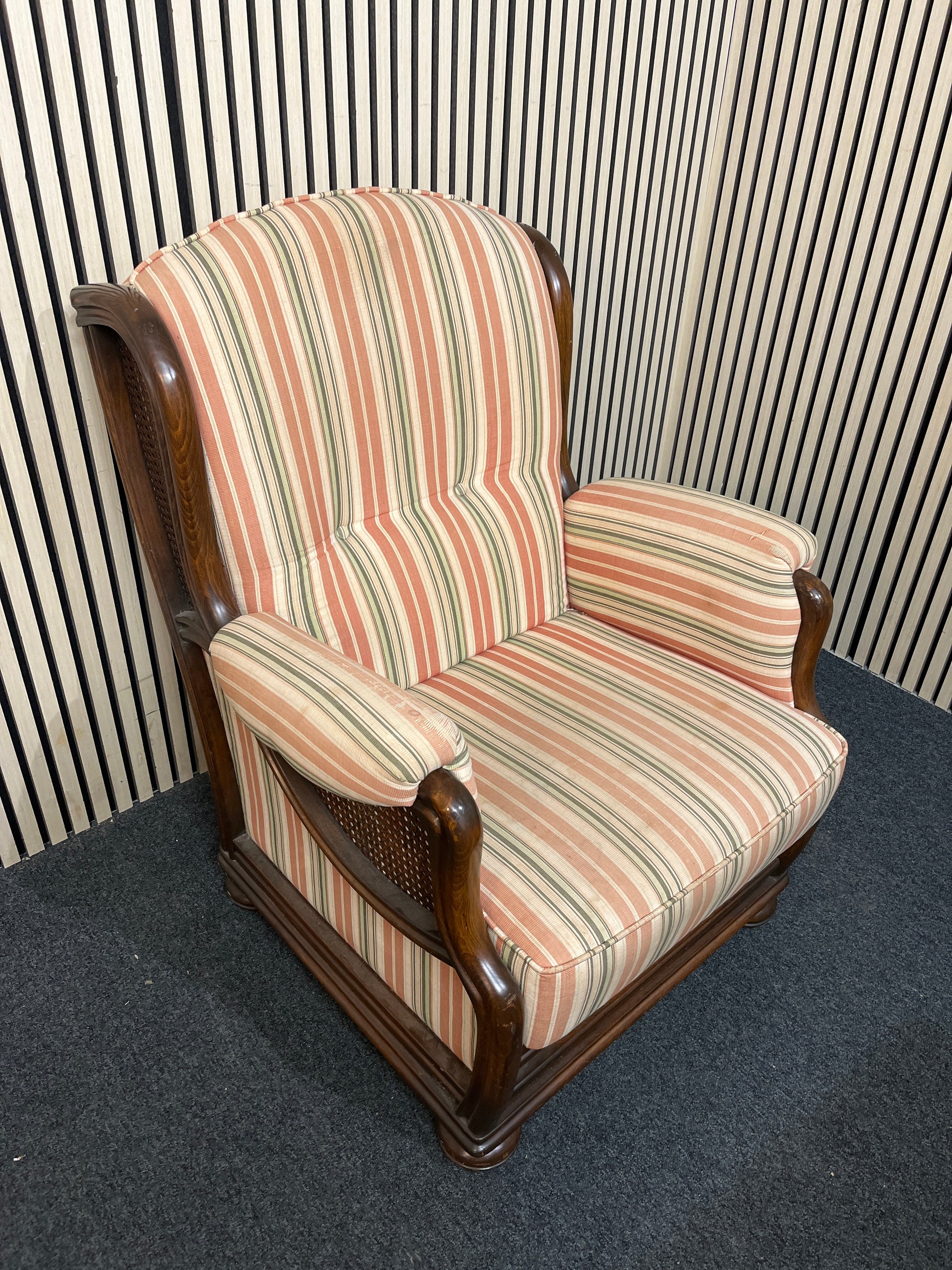 High back solid beech stained framed fireside armchair with stripe fabric seat and back.  3126