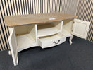 Two-tone console table with wood top and white base.  44513