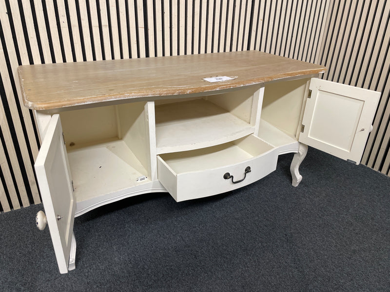 Two-tone console table with wood top and white base.  44513