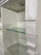 Large white dresser featuring glass shelves and decorative scalloped edges.  44522