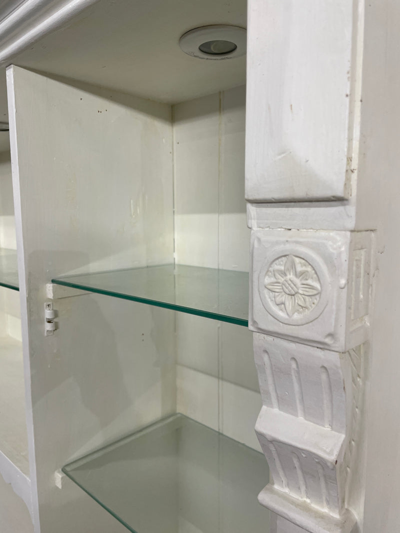 Large white dresser featuring glass shelves and decorative scalloped edges.  44522